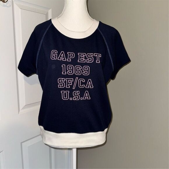 GAP Women's M Navy Blue Short Sleeve Crewneck Muscle Sweatshirt Casual Cozy Y2K - Picture 1 of 10